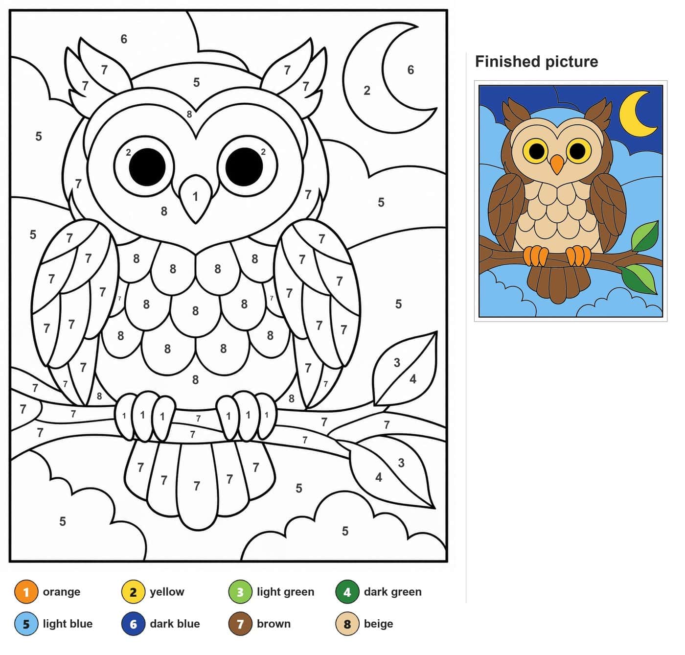 Owl on a branch with scalloped feathers, two leaves, crescent moon and clouds