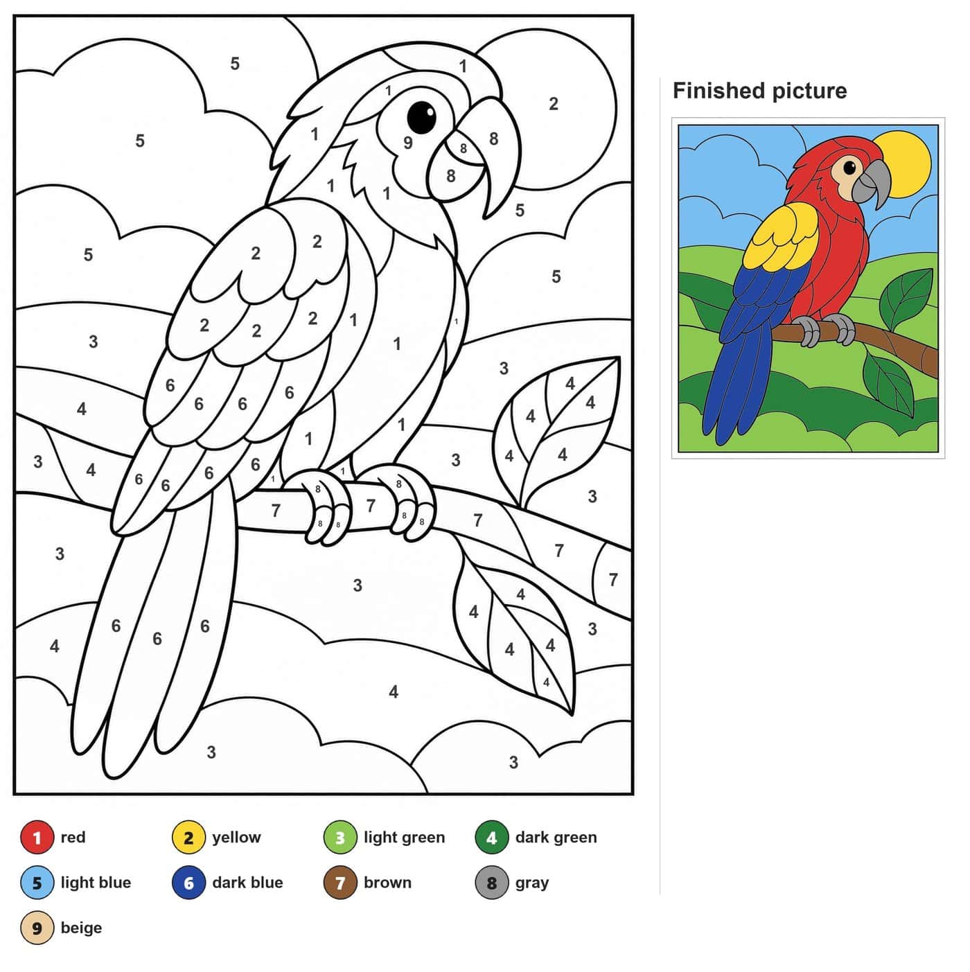 Macaw parrot on a branch with leaves, sun, clouds and wavy background bands