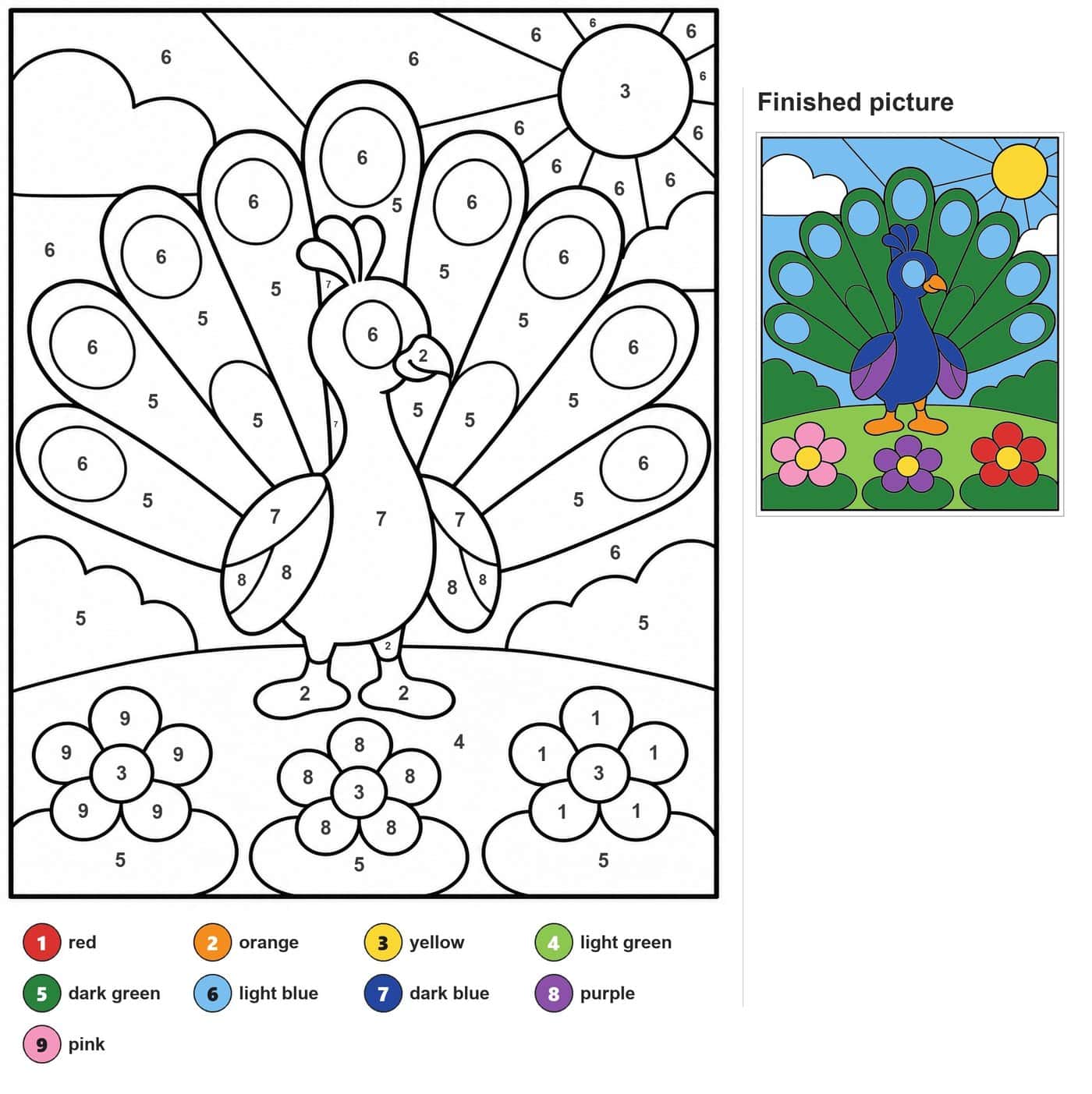 Smiling peacock with seven tail feathers, sun, clouds, hill and three flowers
