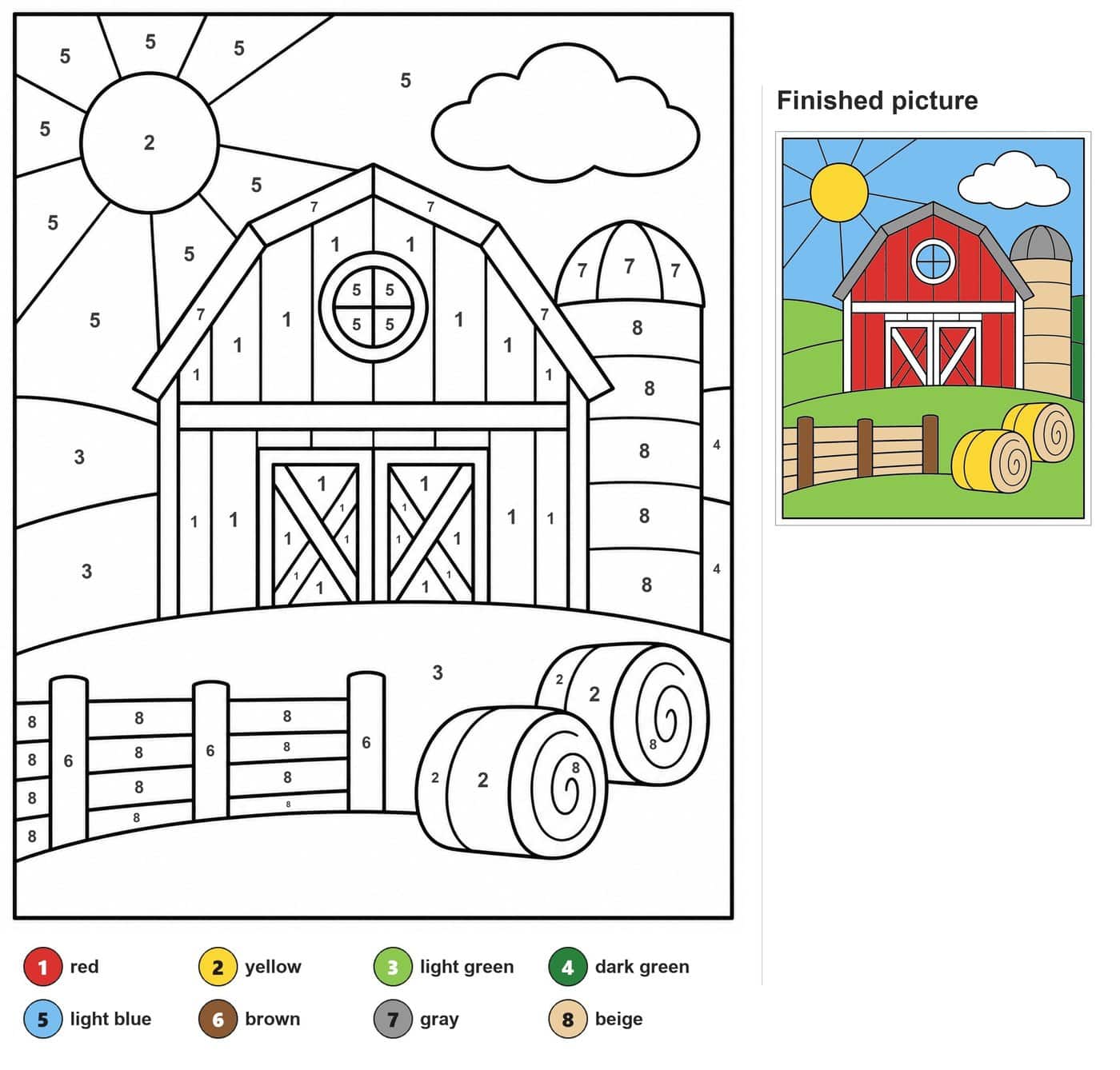 Barn with round window, silo, fence, two hay bales, sun and cloud