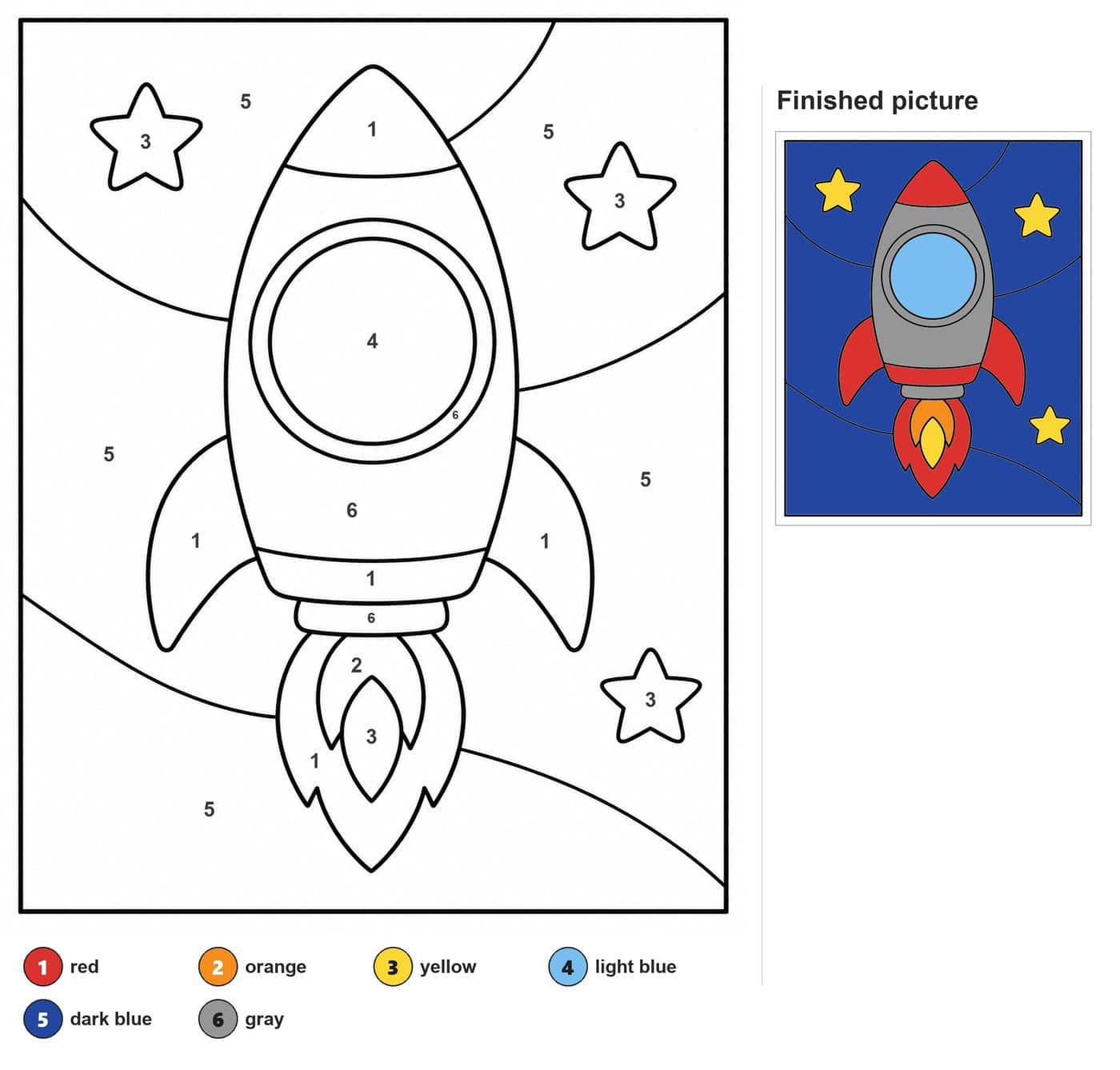 Upright rocket with round window, two fins, layered flame, three stars and curved bands