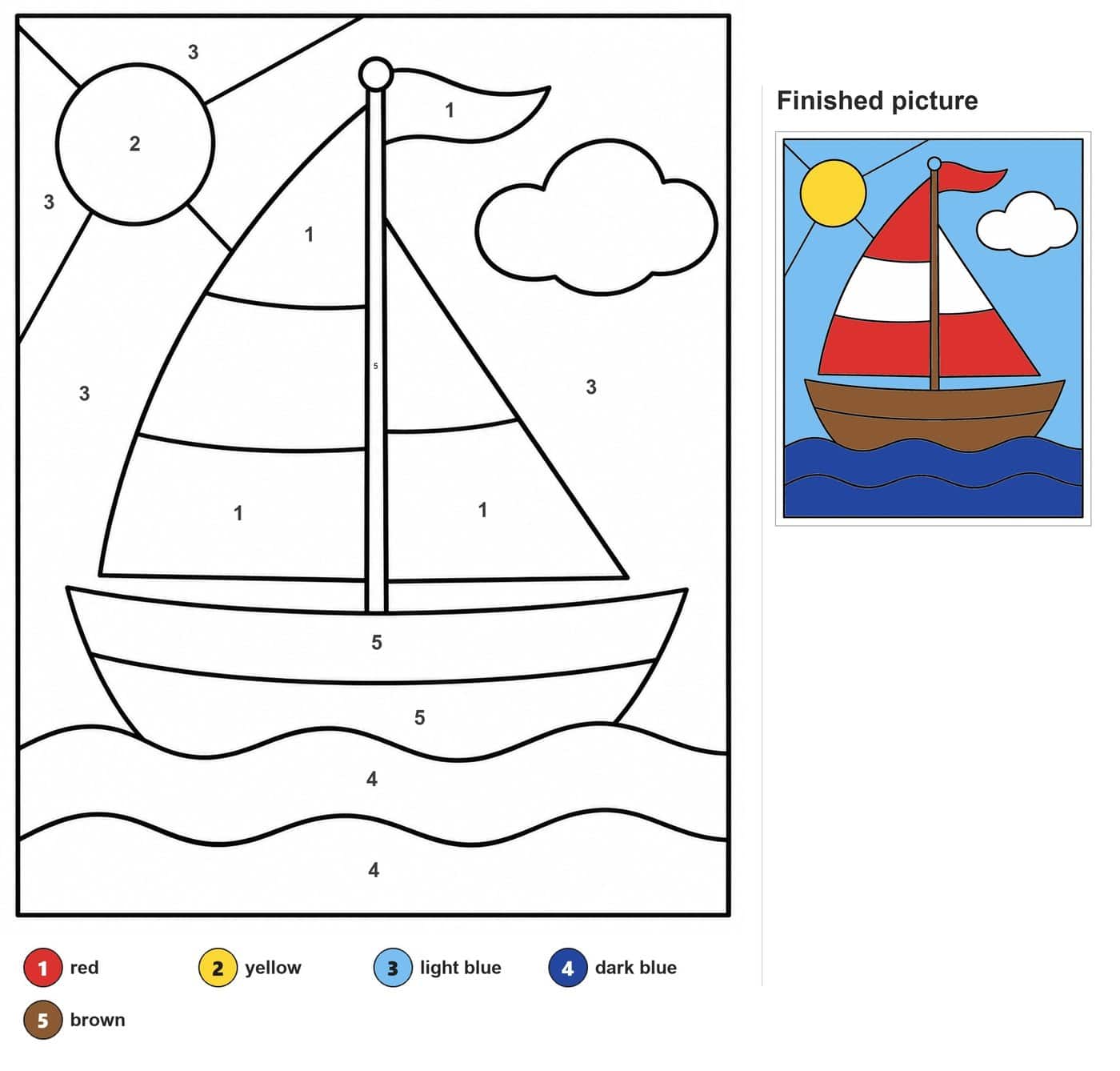 Sailboat with striped sails and flag on waves, with a sun and a cloud in the sky