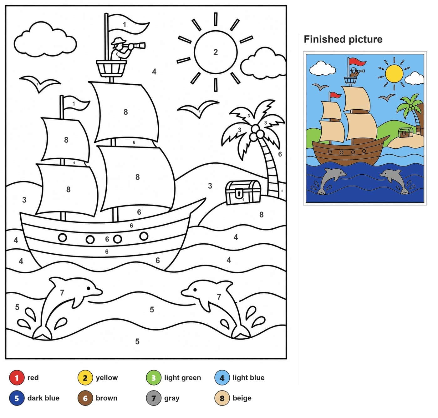Sailing ship with lookout, two dolphins, palm tree, treasure chest, seagulls, clouds and sun