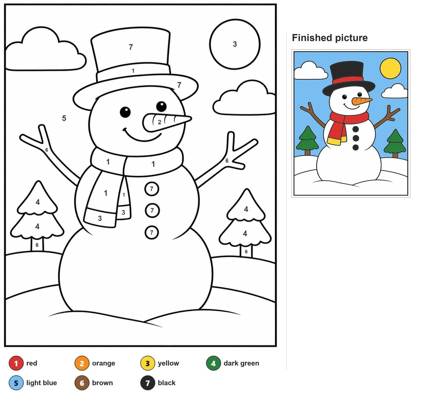 Snowman with top hat, scarf and twig arms, two fir trees, sun and clouds