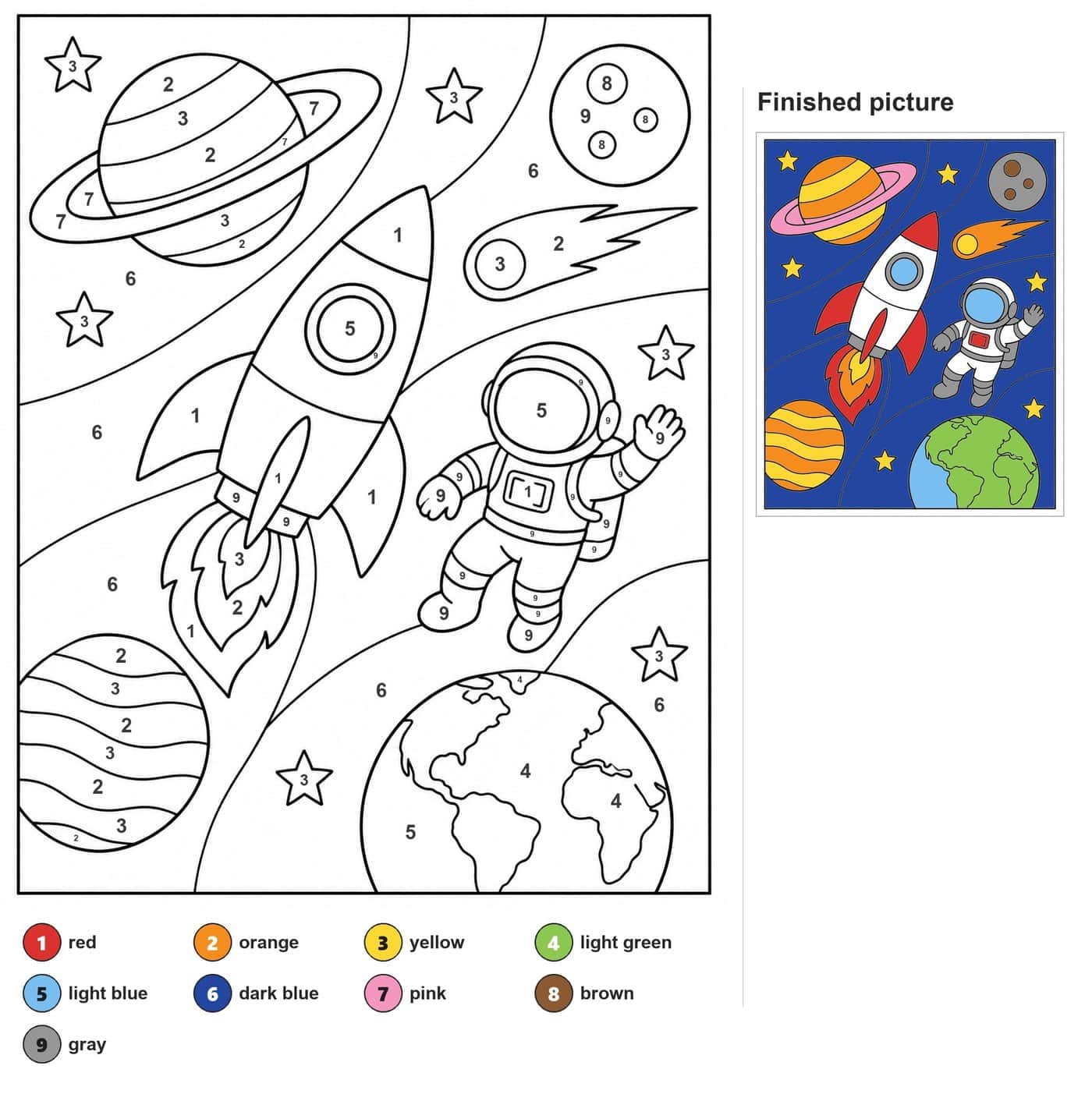 Astronaut waving next to a rocket, with ringed planet, moon, comet, Earth and stars