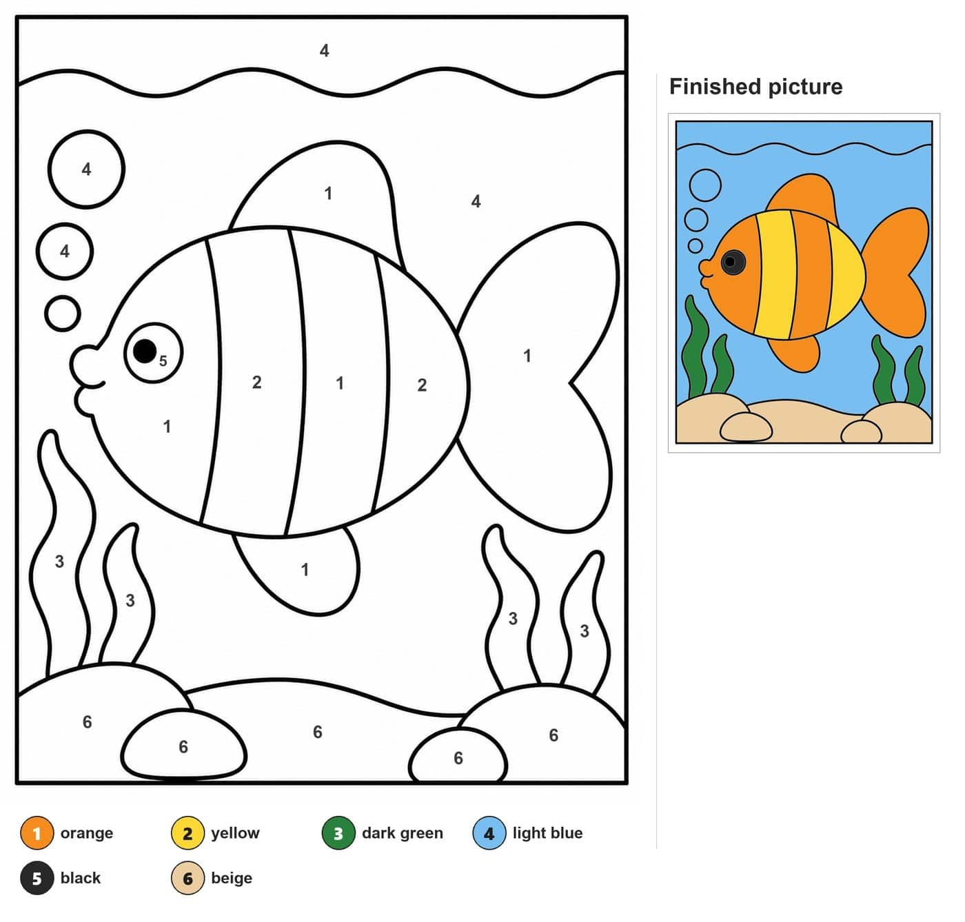 Striped fish with three bubbles, seaweed, rocks and a wavy water line