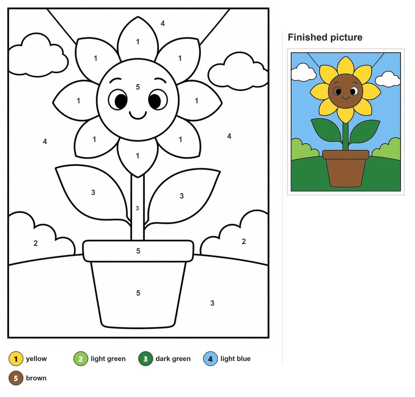 Smiling sunflower with eight petals, two leaves, a flowerpot, clouds and a hill