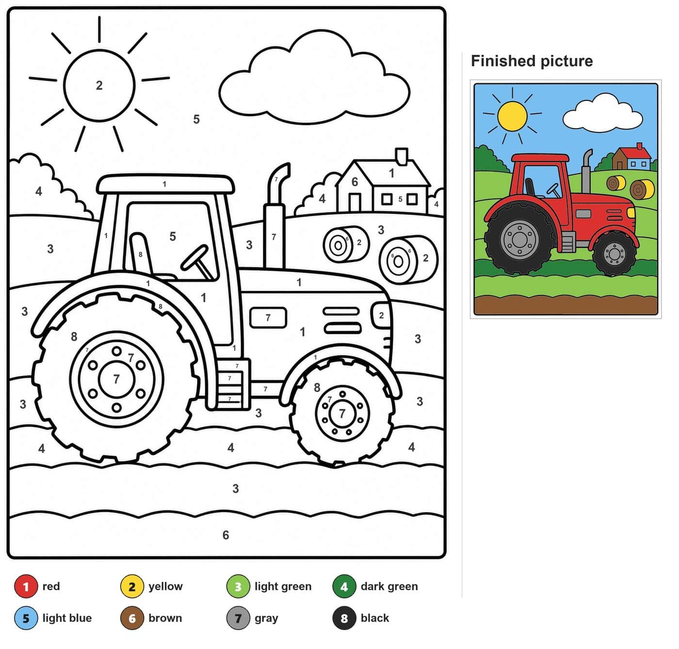 Tractor with big tires, two hay bales, farmhouse, sun and cloud on rolling hills