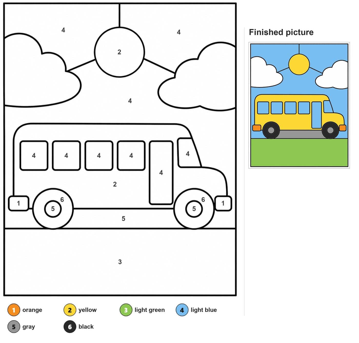 School bus on a road with round sun and two clouds above
