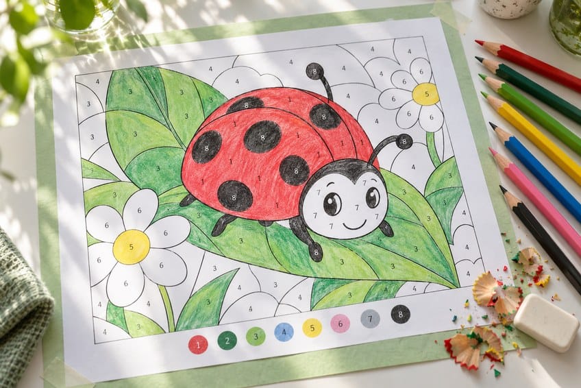 color by number worksheet partly colored in with pencils