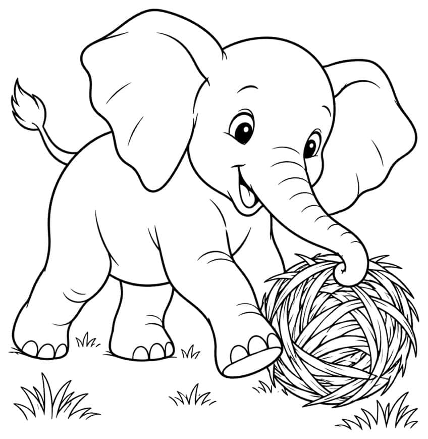 Baby elephant playing with a ball of grass, coloring page