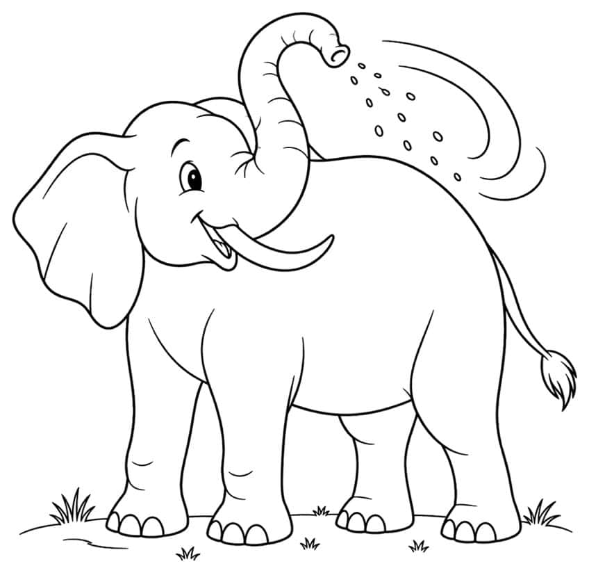 Elephant coloring page with trunk raised, spraying dust over its back