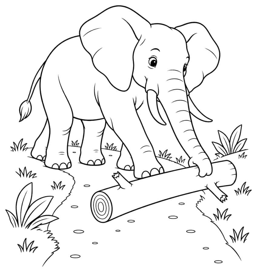 Coloring page of an elephant lifting a fallen log with its trunk