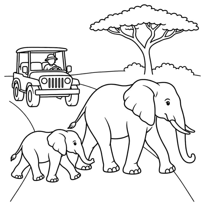 Coloring page with mother elephant and calf crossing a track by a safari jeep