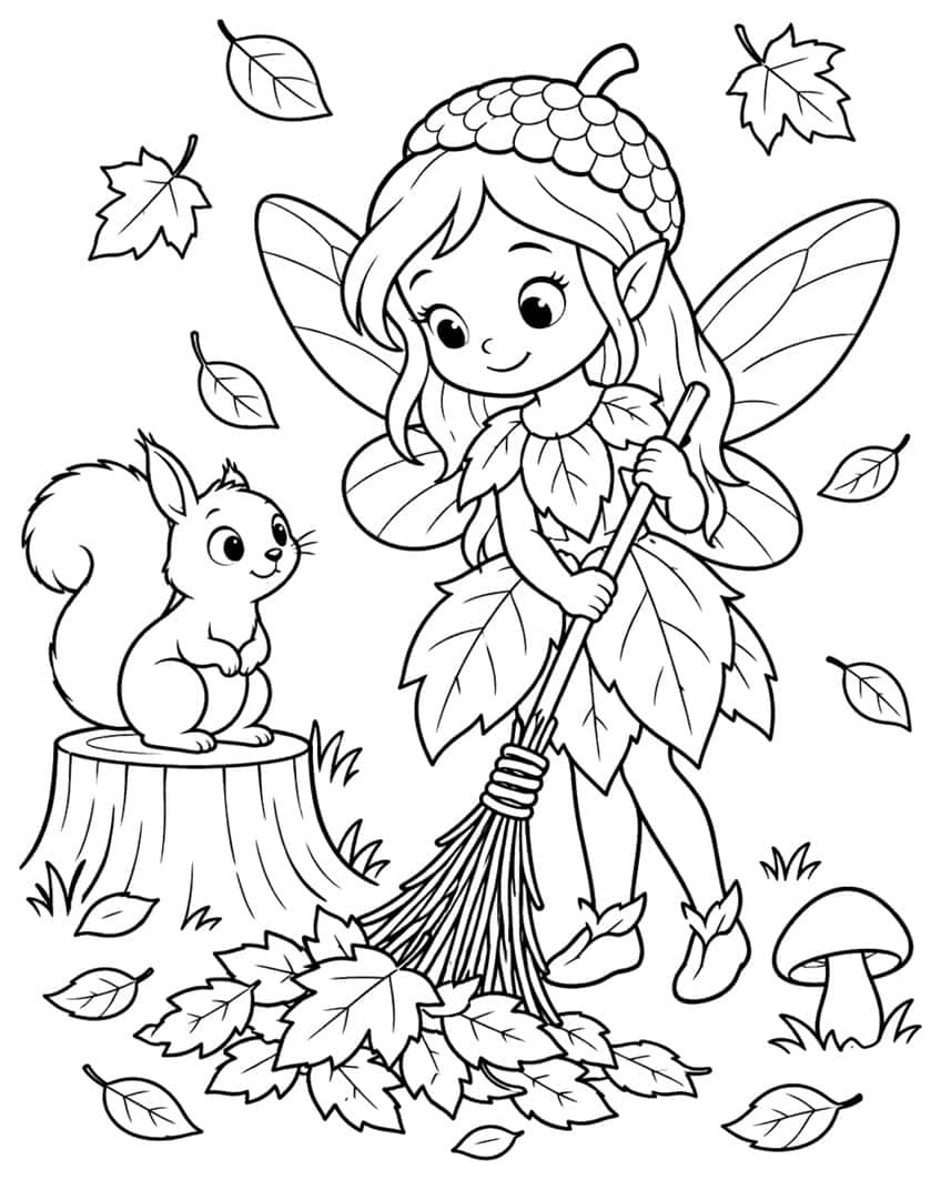 Fairy with acorn hat sweeping leaves with a broom, squirrel on a stump, mushroom and falling leaves