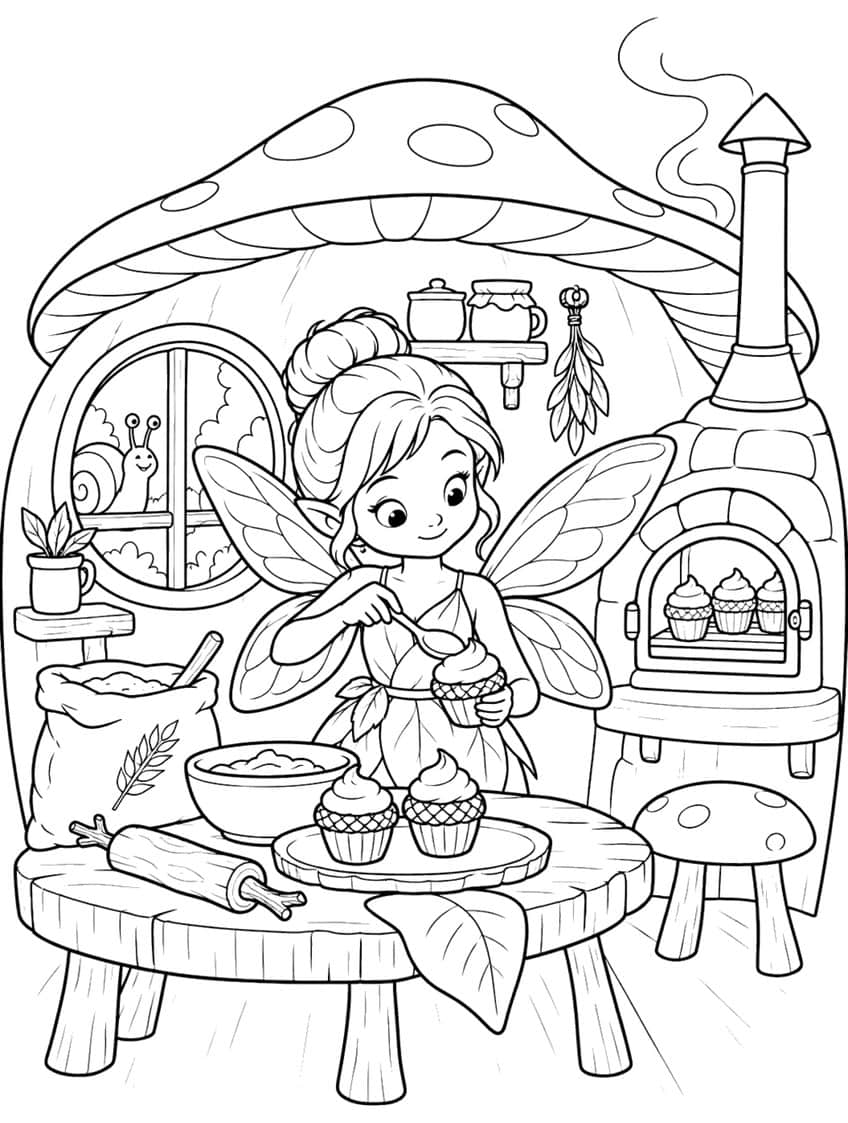 Fairy frosting cupcakes at a table in a mushroom house with a stone oven, flour sack and window snail