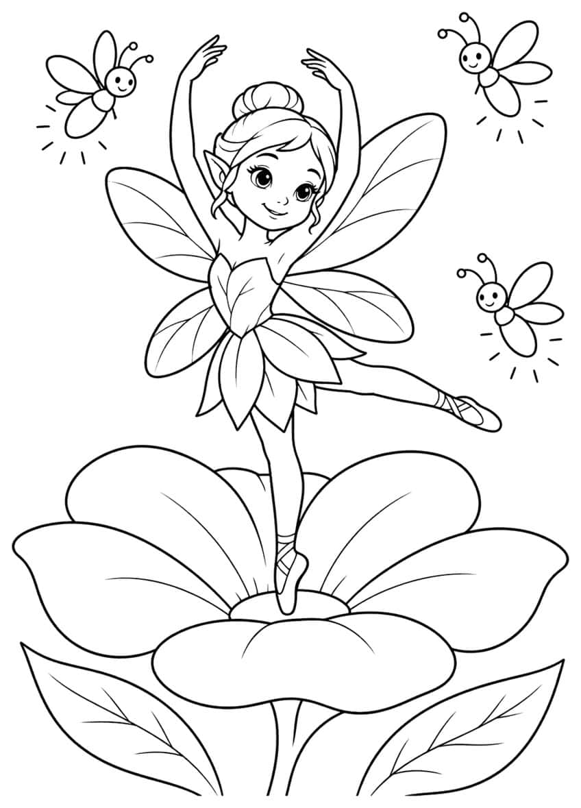 Ballerina fairy in pointe shoes on a large flower with three smiling fireflies and two leaves