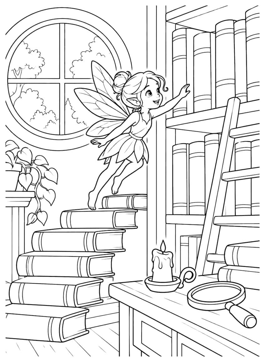 Fairy climbing stacked books toward a bookshelf, with a round window, ladder, candle and magnifying glass