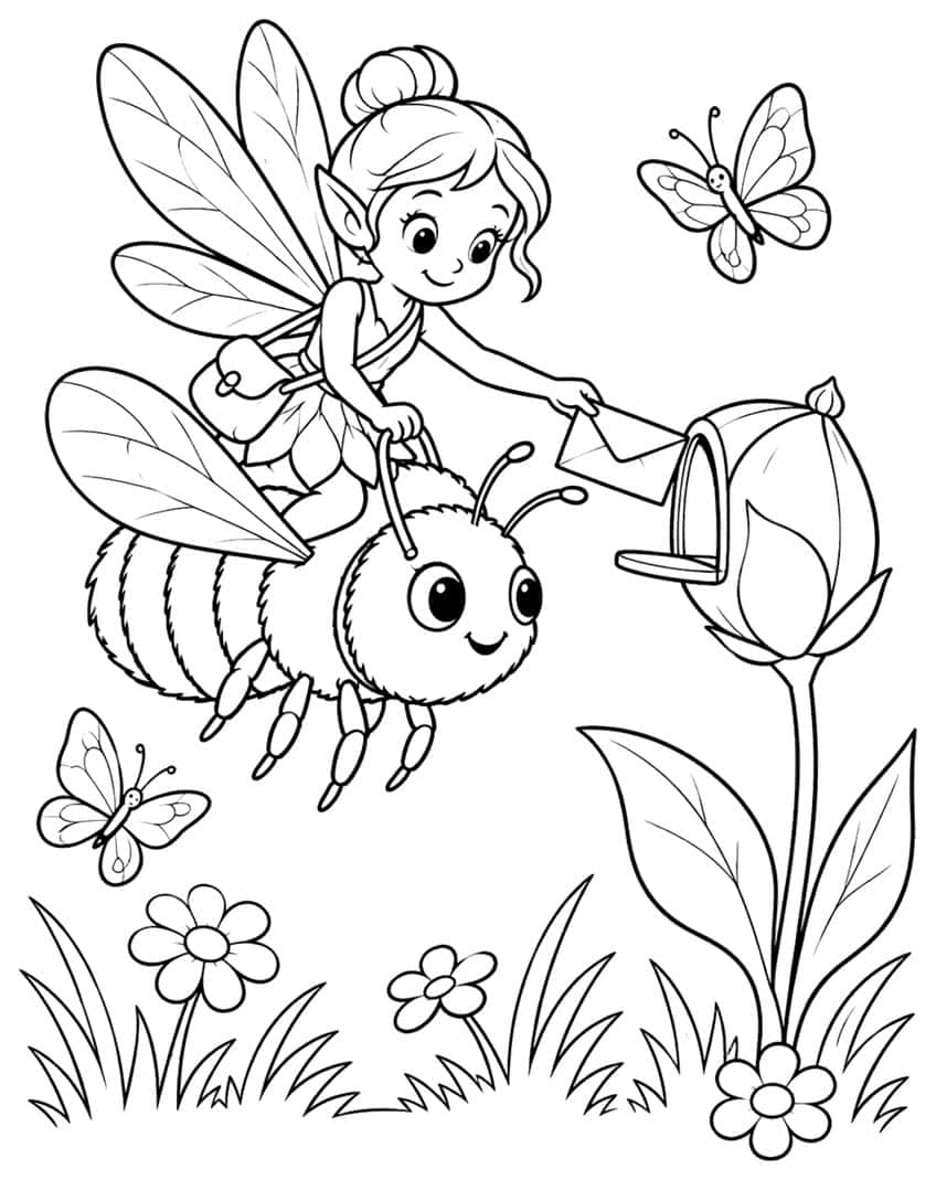 Fairy with satchel on a bumblebee posting a letter in a tulip mailbox, two butterflies, grass and flowers