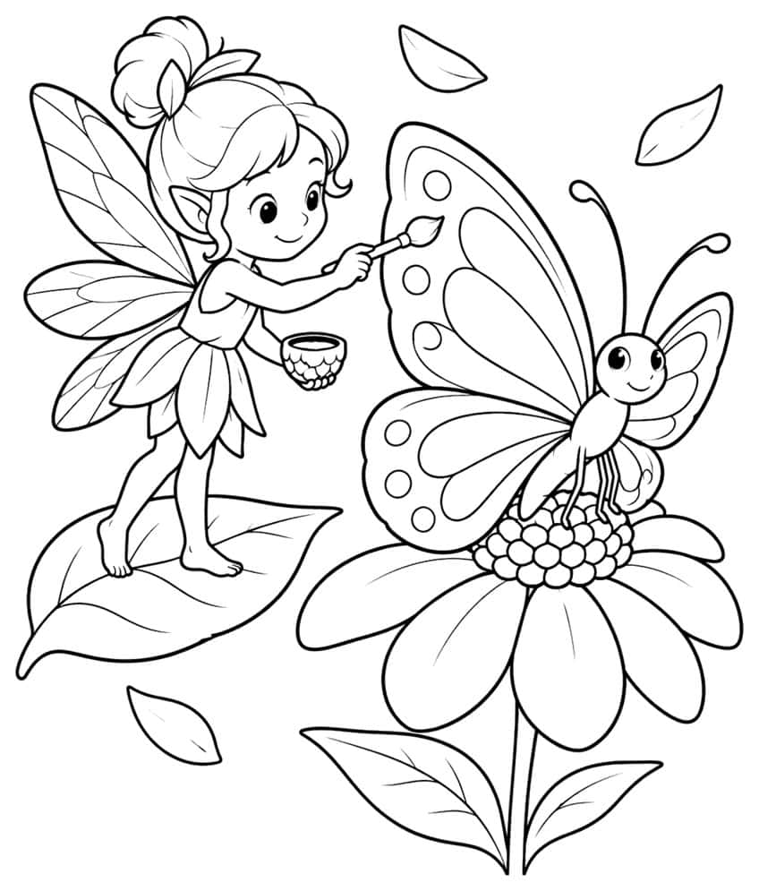 Fairy with paintbrush and paint pot on a leaf, painting a smiling butterfly sitting on a big flower