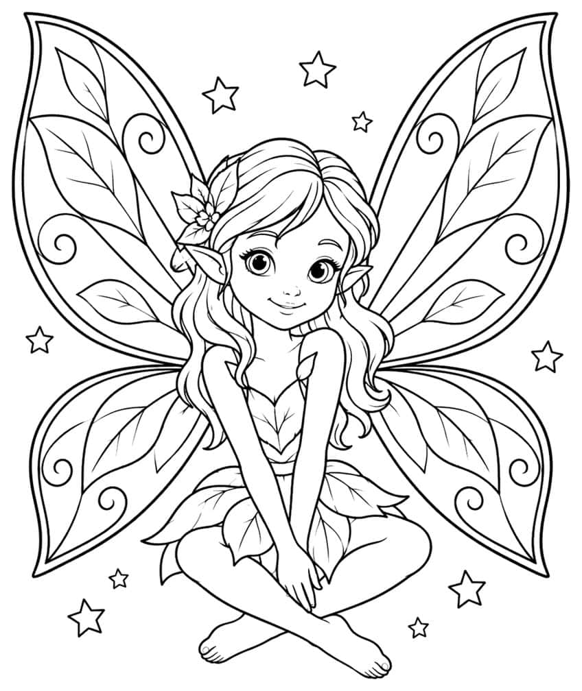 Cross-legged fairy with flower in her hair, big leaf-and-swirl wings, leaf skirt and eight stars