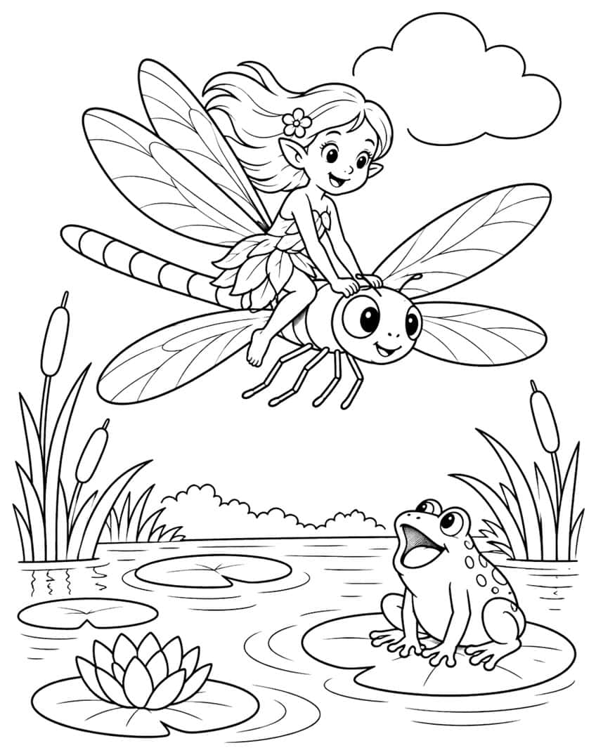 Fairy on a smiling dragonfly above a pond with a spotted frog, lily pads, water lily and cattails