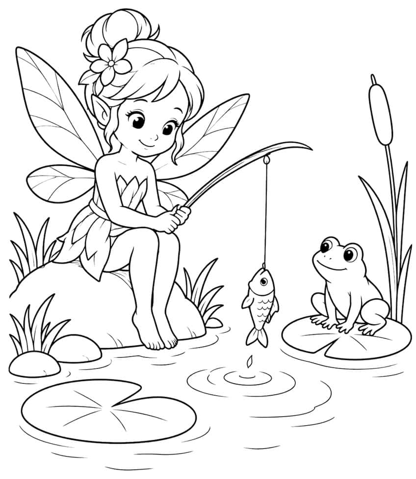 Fairy on a rock fishing with a rod, a fish on the line, a frog on a lily pad, cattails and ripples
