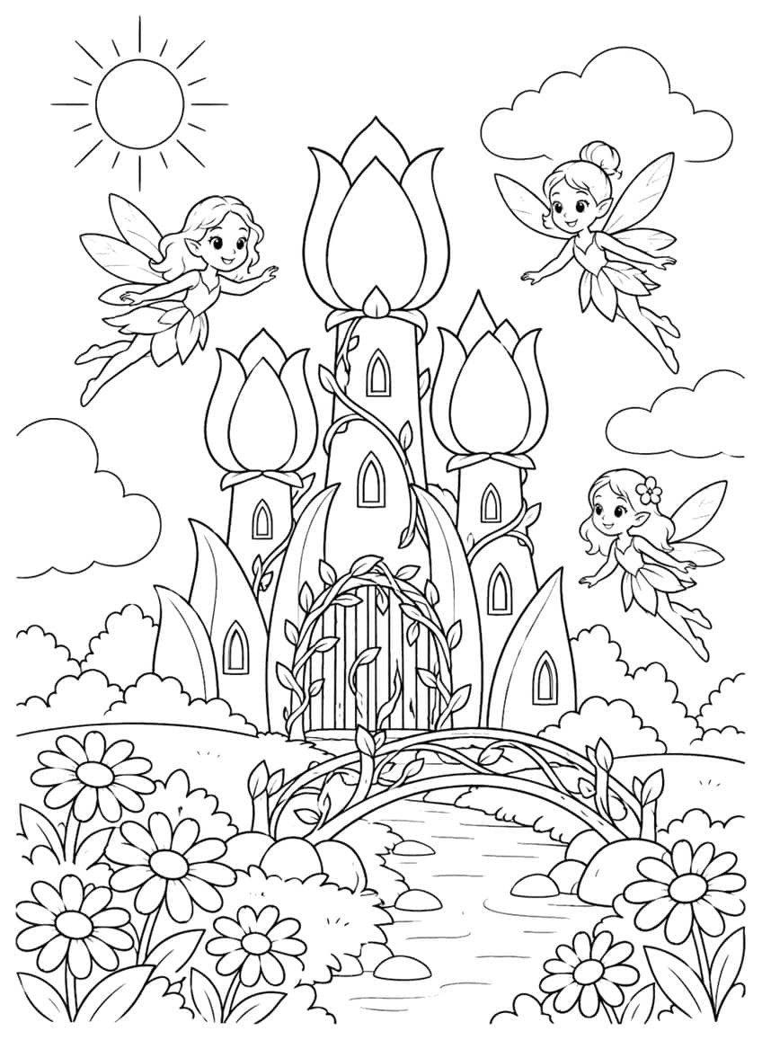 Tulip-bud castle with vine gate, three flying fairies, sun, clouds, vine bridge, stream and daisies