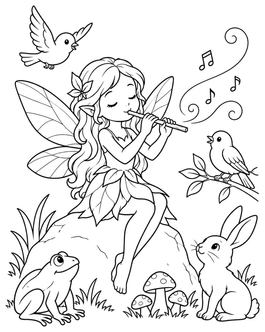 Fairy playing a flute on a rock with a frog, rabbit, two birds, music notes and mushrooms