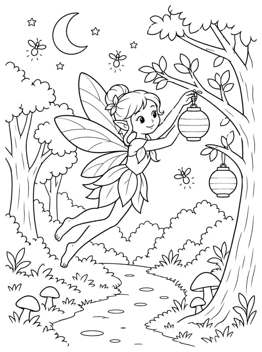 Fairy with leaf skirt hanging paper lanterns on a tree, with moon, fireflies, mushrooms and forest path