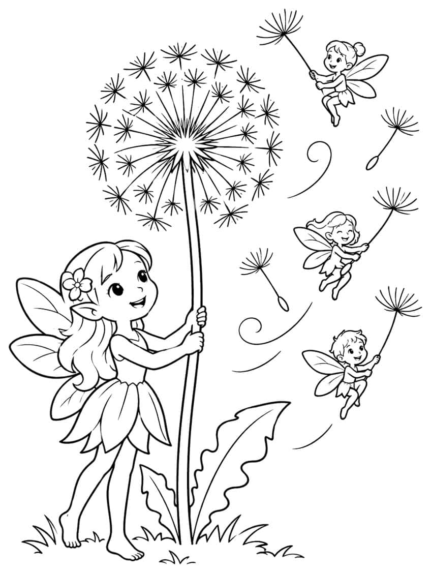Fairy holding a tall dandelion puffball while three small fairies fly on seeds