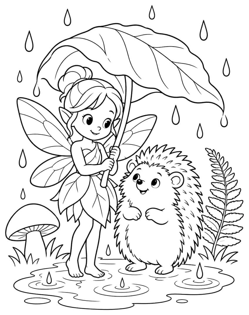 Fairy holding a leaf umbrella beside a hedgehog, with raindrops, puddle, mushroom and fern
