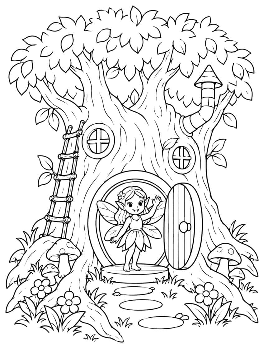 Fairy waving in the round door of a hollow tree house with ladder, windows, chimney, mushrooms and flowers