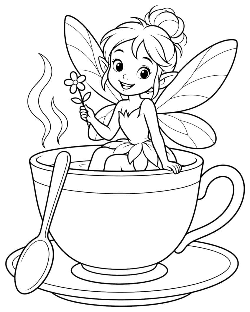 Smiling fairy with a flower sitting in a teacup with steam, a spoon and a saucer