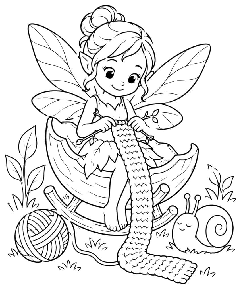 Fairy knitting a long scarf in a rocking chair, with a yarn ball, a sleeping snail and leafy plants
