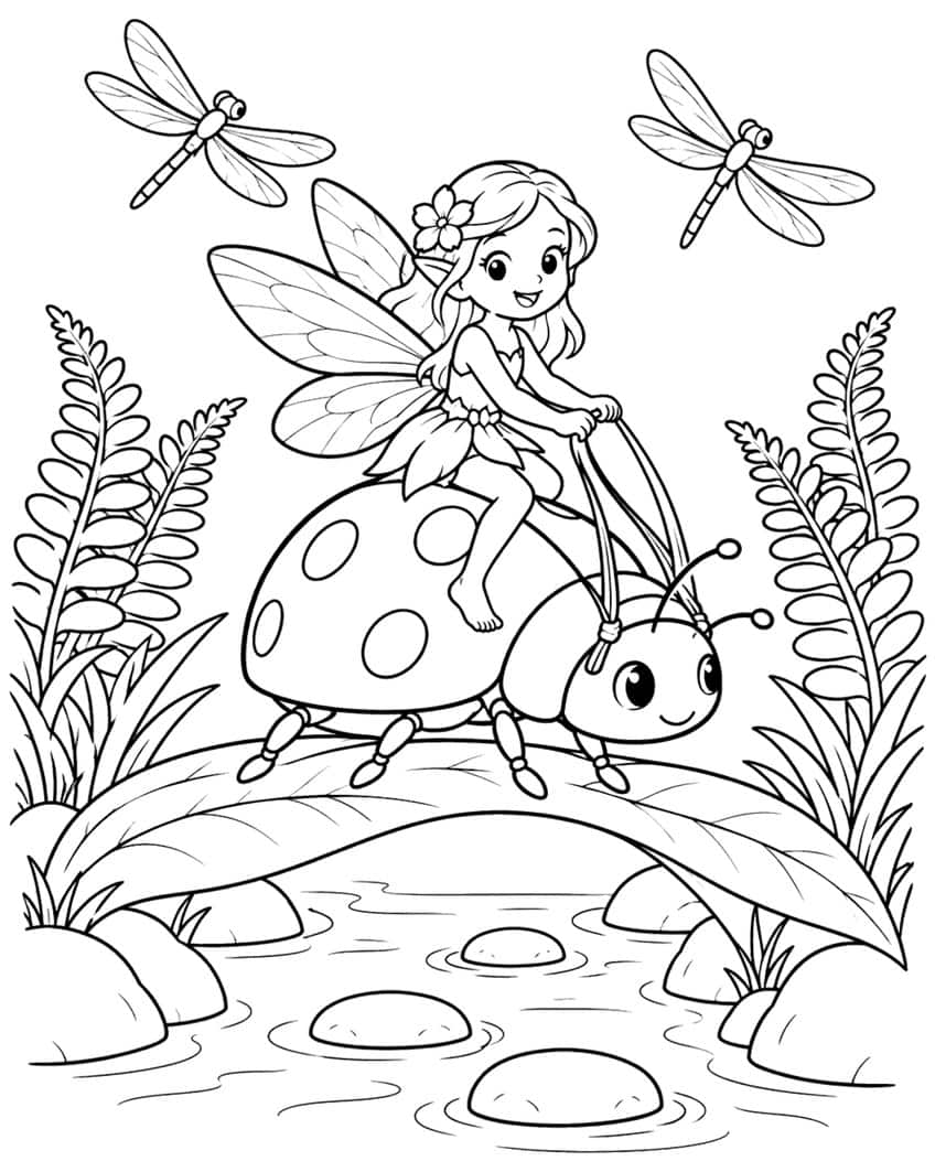 Fairy with flower in her hair riding a spotted ladybug on a leaf bridge, dragonflies, ferns and stones