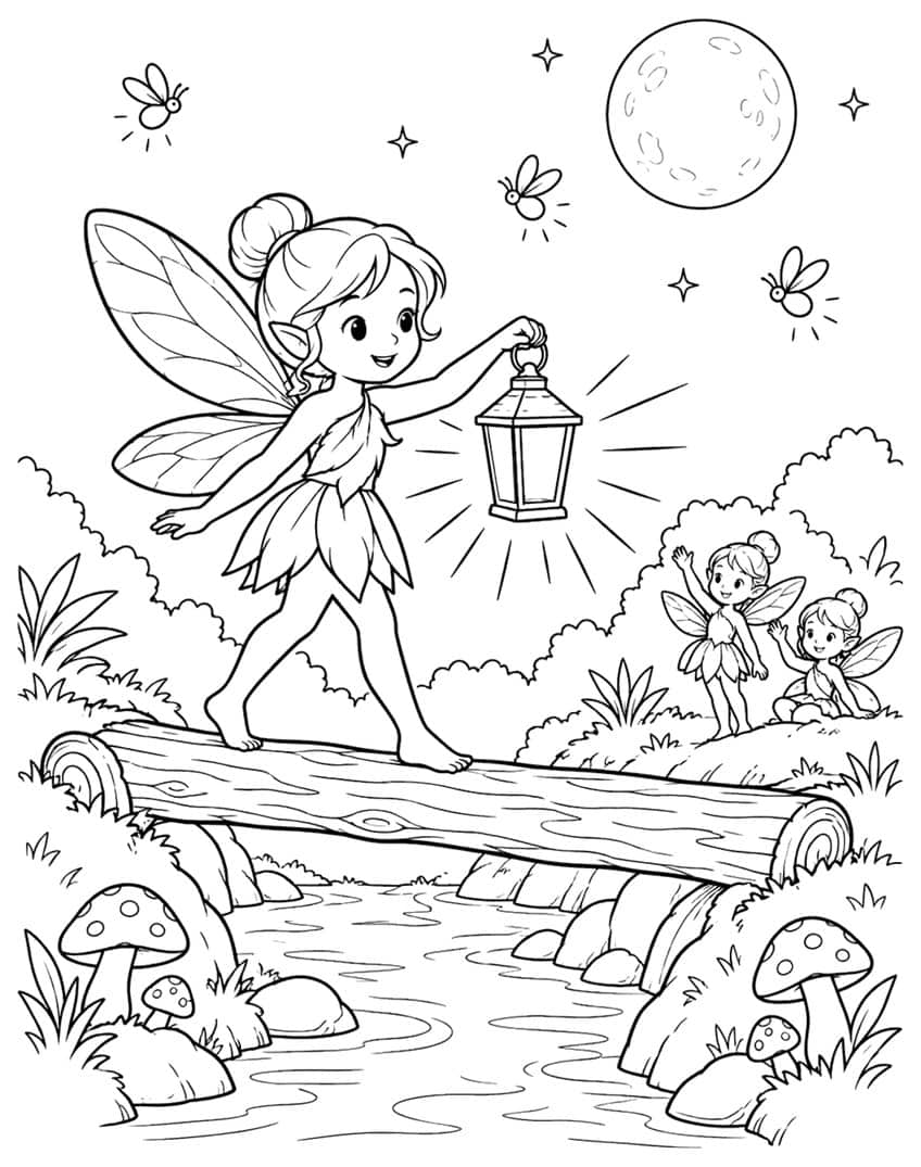 Fairy with lantern walking on a log over a stream, two small fairies, fireflies, moon and mushrooms