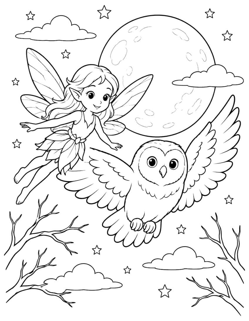 Fairy flying beside a spread-wing owl in front of a full moon, with clouds, stars and bare branches