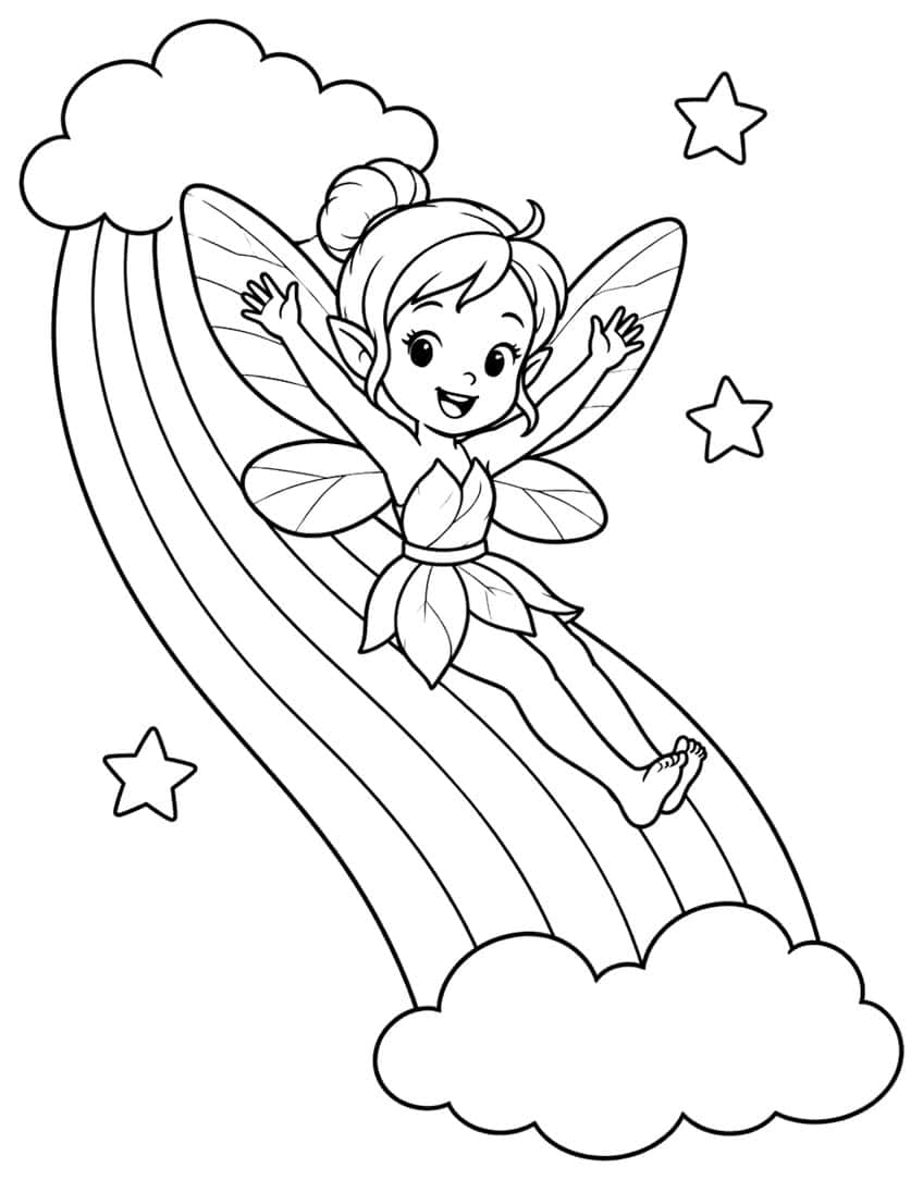 Smiling fairy with wings sliding down a rainbow between two clouds, with three stars