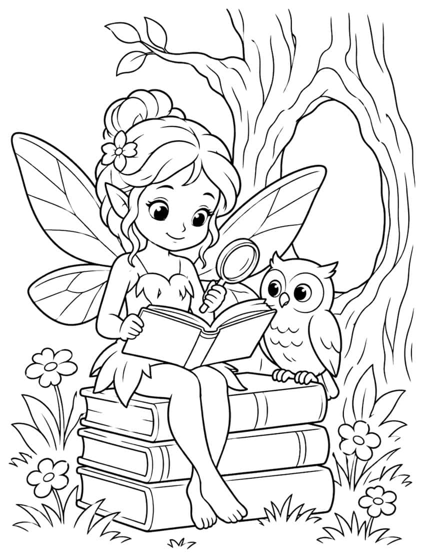 Fairy reading on a stack of books with a magnifying glass, an owl, a tree and flowers