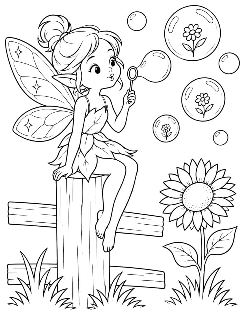 Fairy with star-marked wings sitting on a fence post blowing flower bubbles, with a sunflower and grass