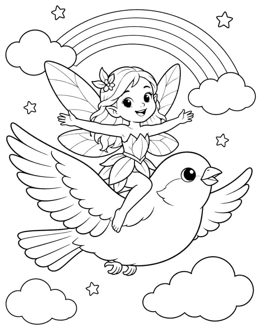 Fairy with open arms riding a flying sparrow, with a rainbow, clouds and stars behind