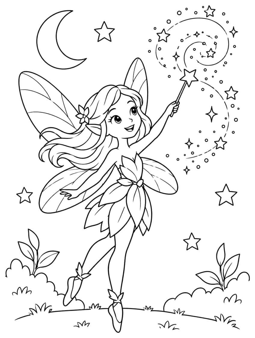 Fairy with leaf skirt and wings holding a star wand, with crescent moon, stars, sparkle swirl and plants