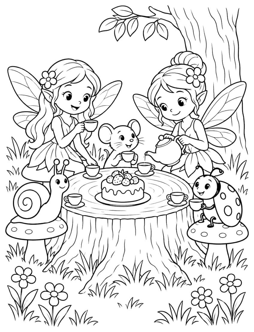 Two fairies, mouse, snail and ladybug having tea around a stump with cake