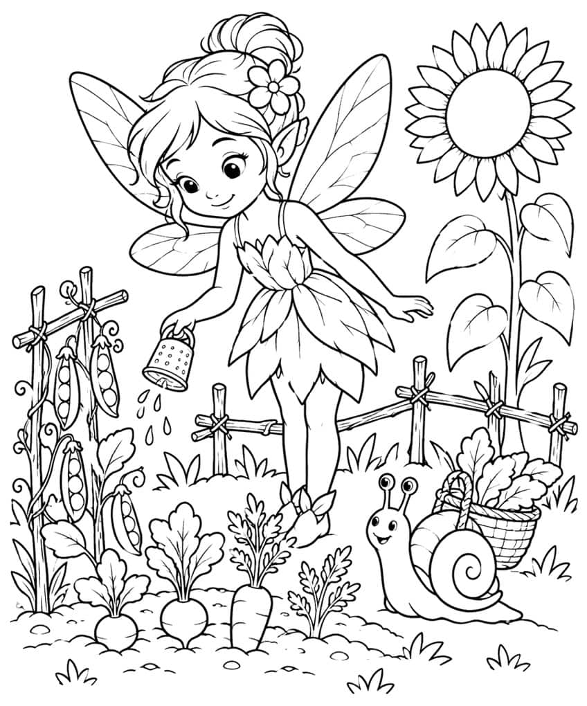 Fairy with watering can, pea trellis, radishes, carrot, smiling snail, basket and sunflower