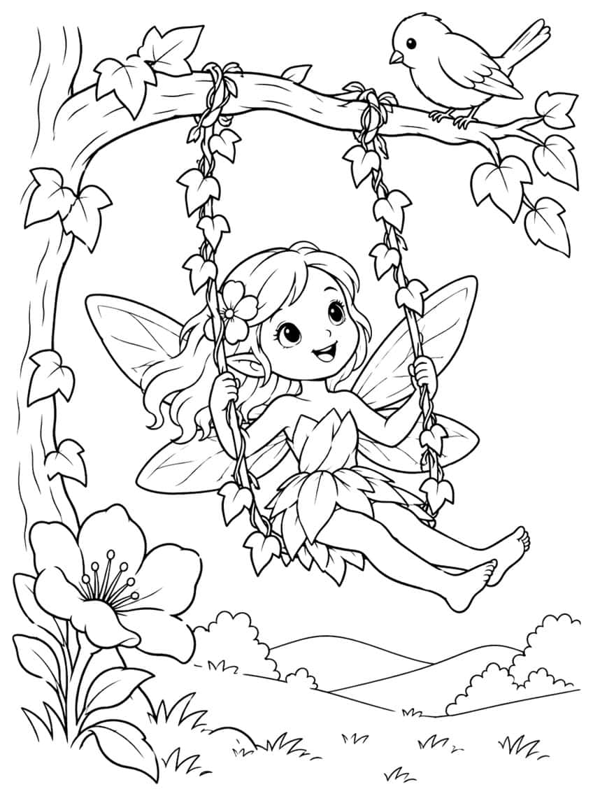 Smiling fairy with wings on a vine swing under a tree branch with a bird, big flower and hills