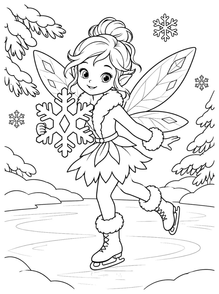 Fairy ice skating with a big snowflake, fur-trimmed boots, wings, snowy pine branches and a frozen pond