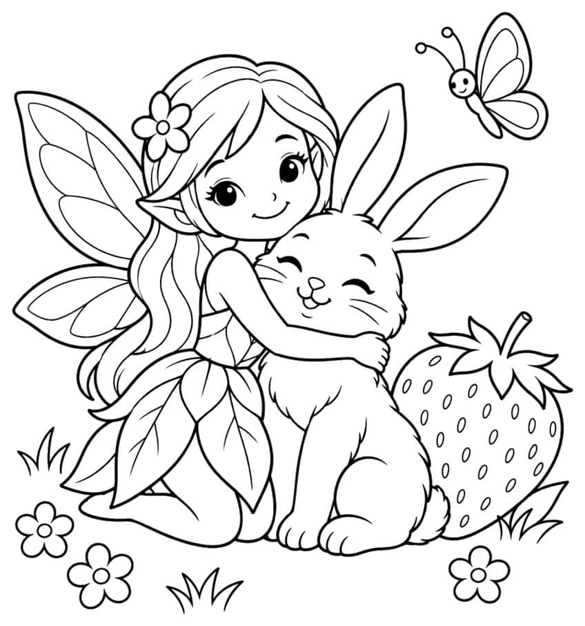 Fairy with leaf skirt hugging a bunny, a large strawberry, a butterfly, flowers and grass