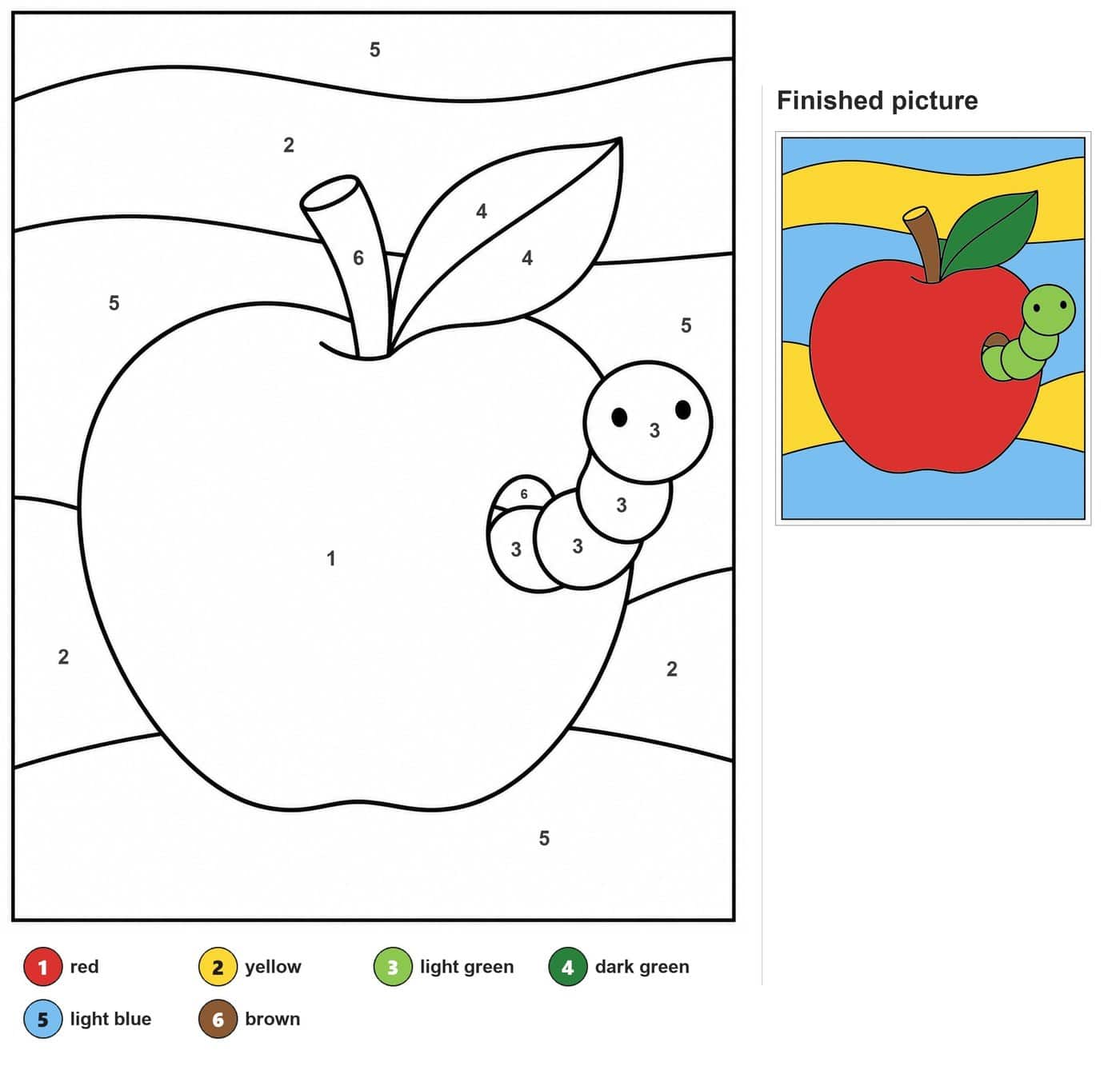 Large apple with stem, pointed leaf and a cartoon worm, wavy lines behind