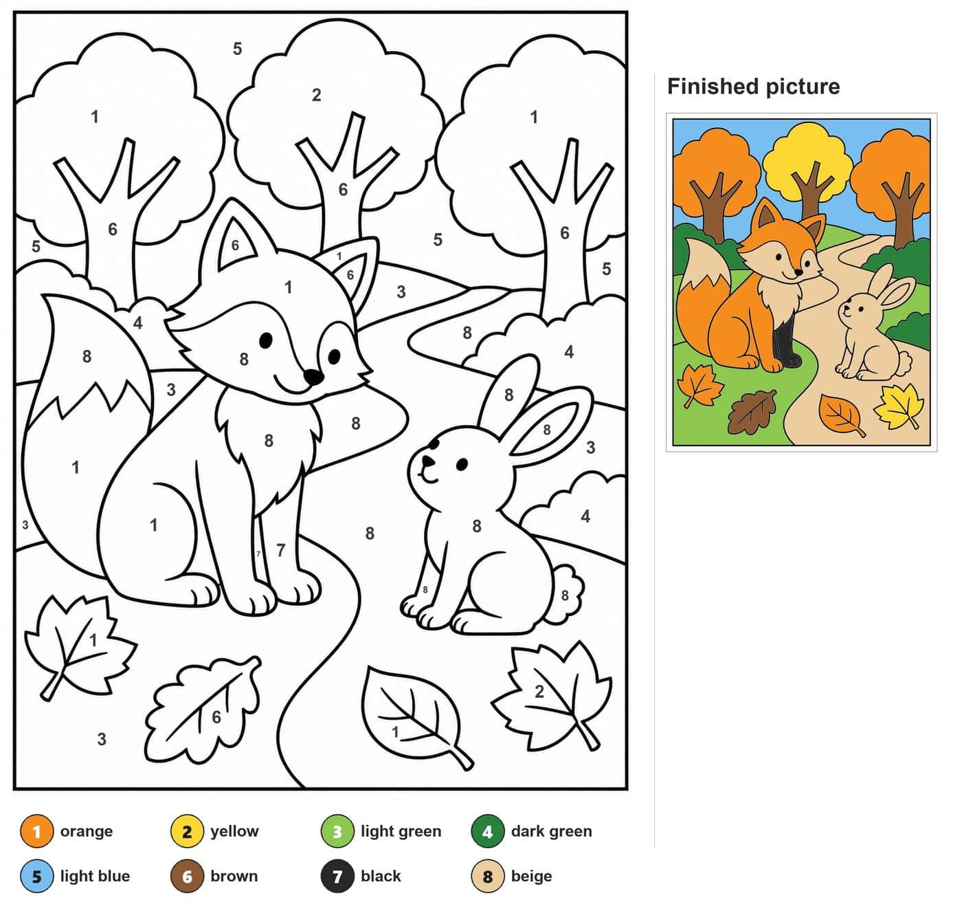 Fox and rabbit on a winding path with three trees, bushes and four fallen leaves